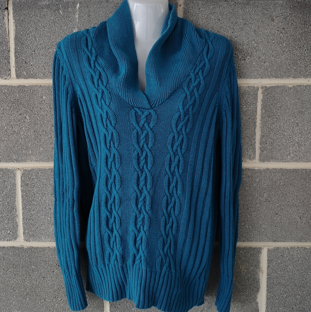 Faded Glory Teal Cowl Neck Cable Knit Pullover Sweater Curved Hem Cotton Medium